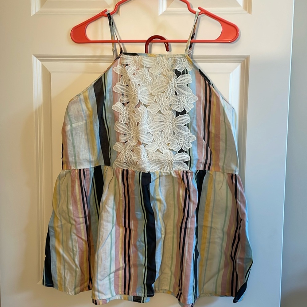 Striped square high neck spaghetti strap top with lace.